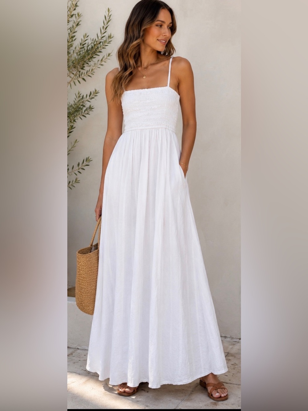 Madewell White Smocked Bodice Spaghetti Strap Maxi Dress Size Large
